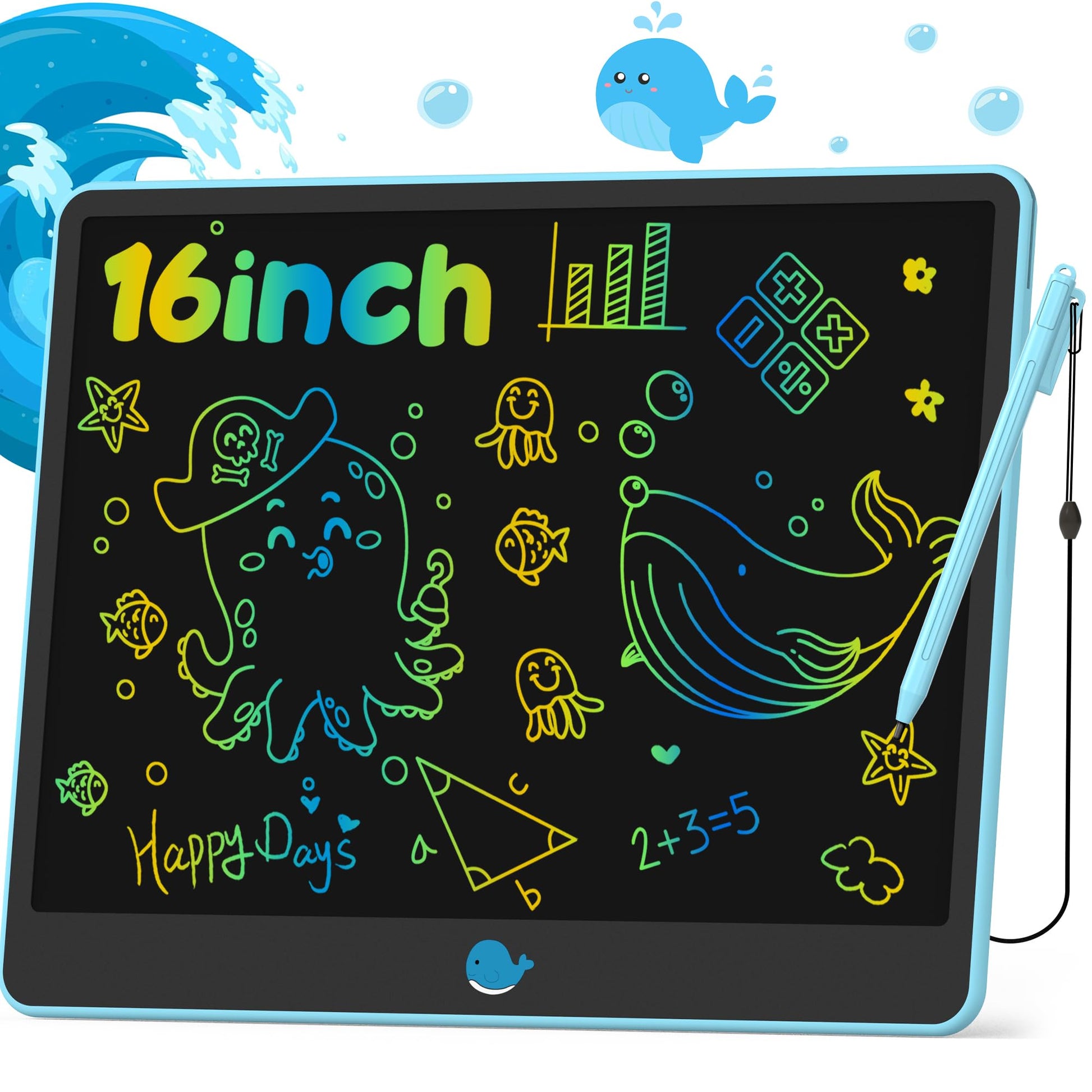 Hockvill Lcd Writing Tablet For Kids 16 Inch, Toys For Girls Boys Drawing Pad For 3 4 5 6 7 8 Year Old Kid, Toddler Magnetic Doodle Board Travel Essentials Christmas Birthday Gift For Children (Blue)