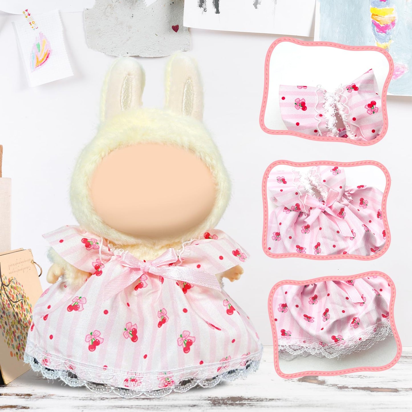 17cm Doll Clothes Labubu Clothes for 6.7inch(17cm) Dolls enhanced Doll Outfit with Hat and Accessories(Clothes Only) (Pink)