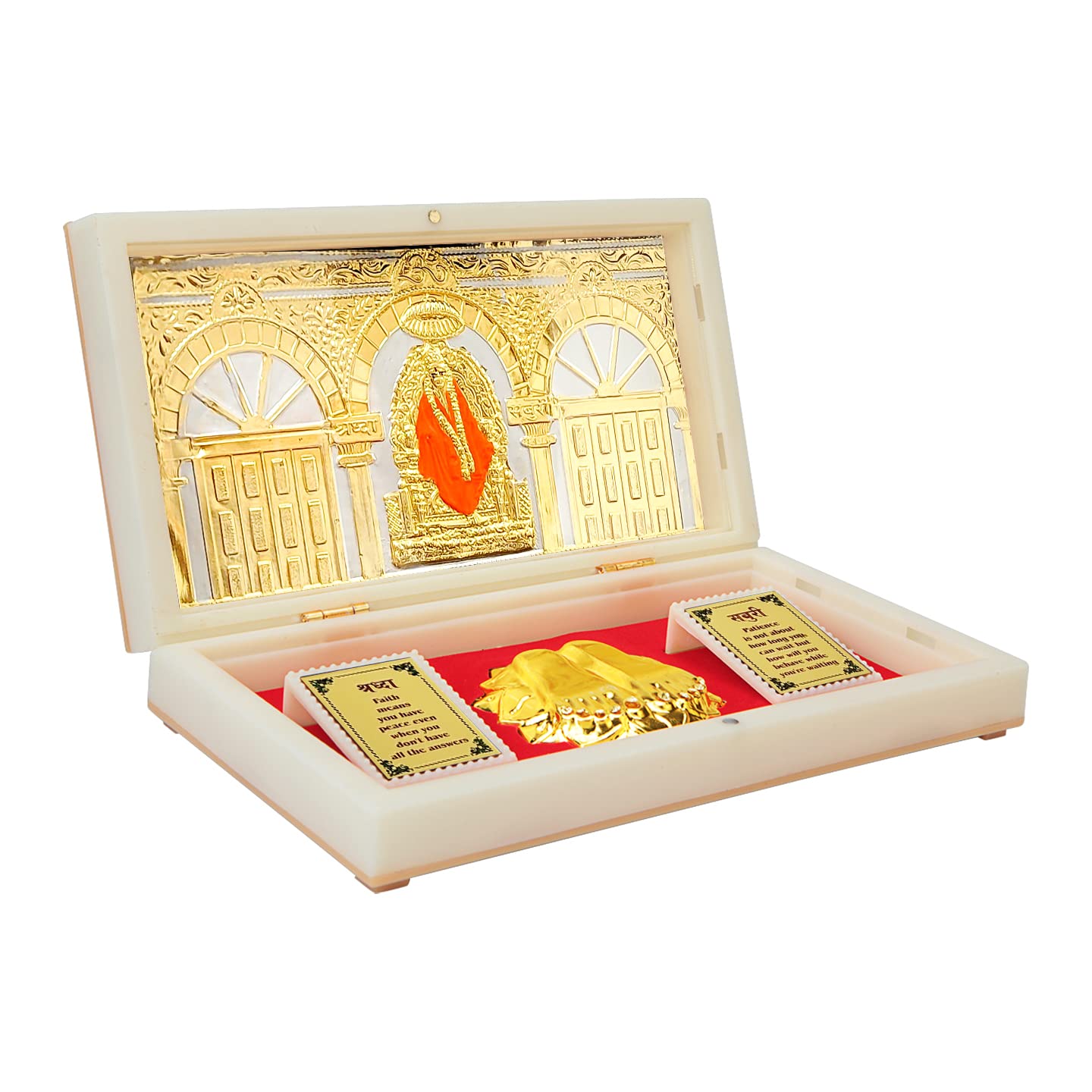 ARNAVIRA Gold Plated Photo Frame with Charan Paduka Pocket Temple for House Warming Gifts Return Gift Diwali Gift Puja Box (Shri