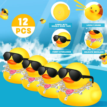 Chivao 12 Pcs Mini Rubber Ducks With Sunglasses/ Glasses And Hats/ Necklace, Cruise Rubber Ducks In Bulk Small Bathtub Toy For Hiding Party Favor(Fancy Style,Yellow)