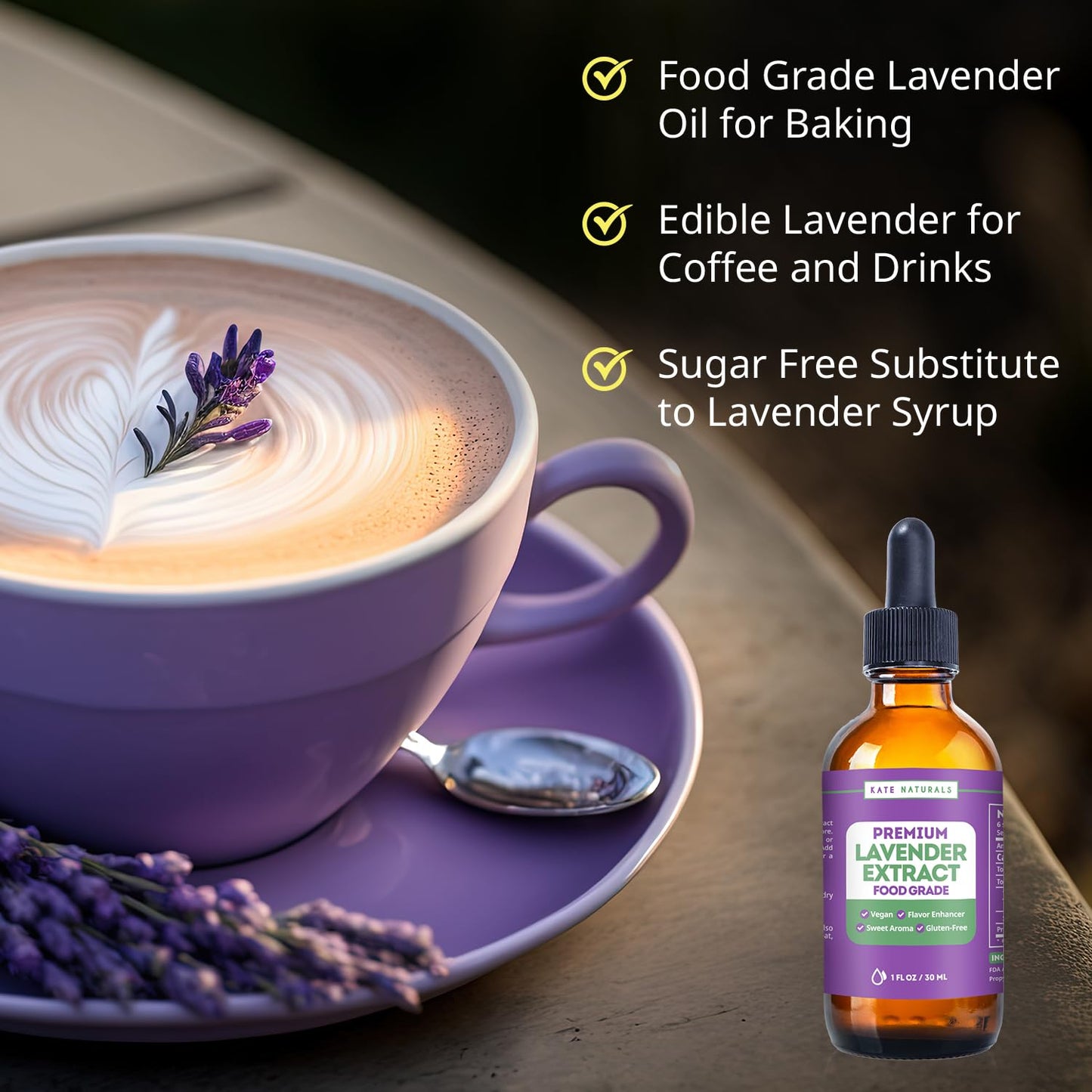 Kate Naturals Lavender Extract - 1oz Vegan Flavoring for Baking & Drinks, Gluten-Free Culinary Lavender Oil
