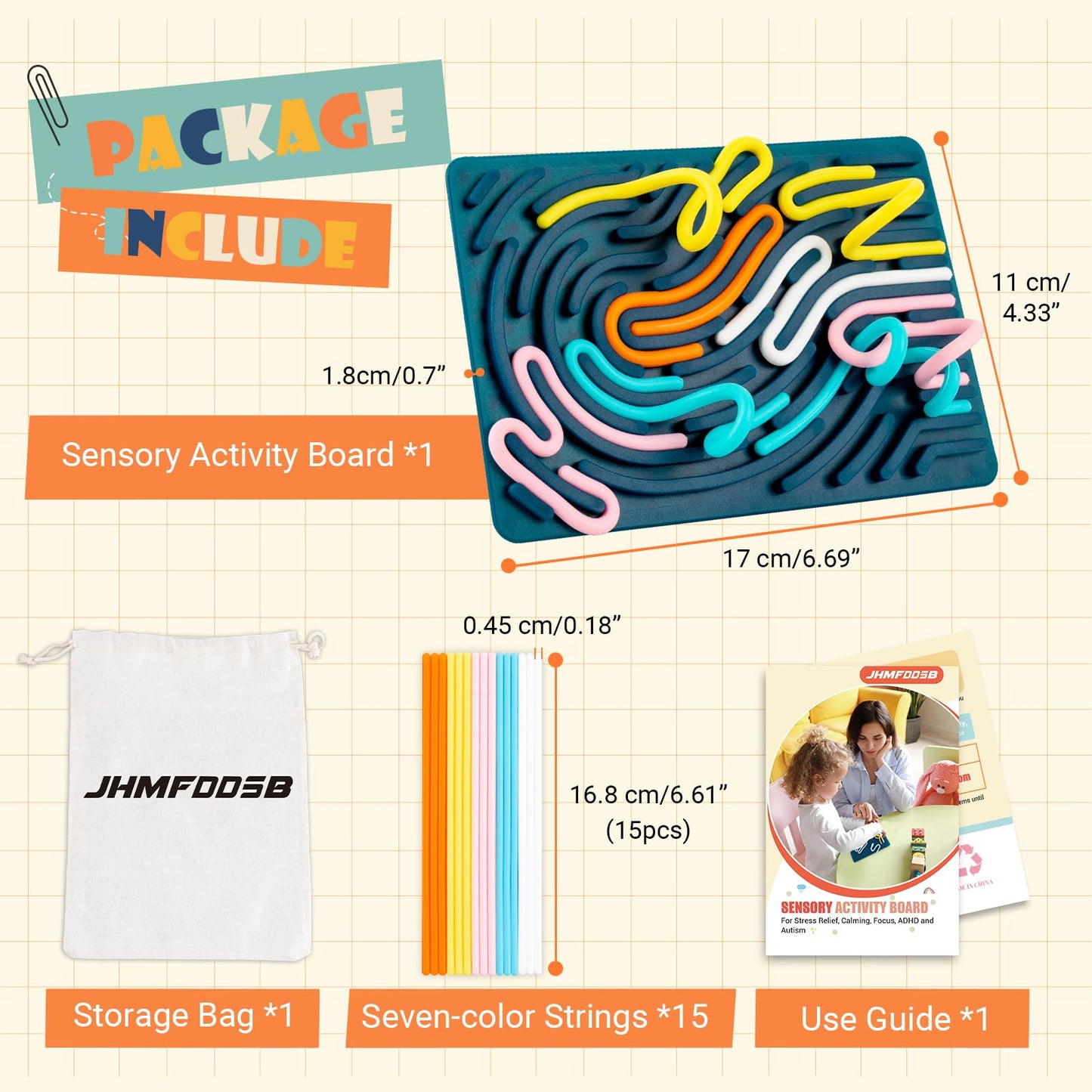 Sensory Activity Board, Double-Sided Silicone Sensory Fidget Toy with 15 Strings for Autism, Stress, Anxiety, Calming, Focus, No