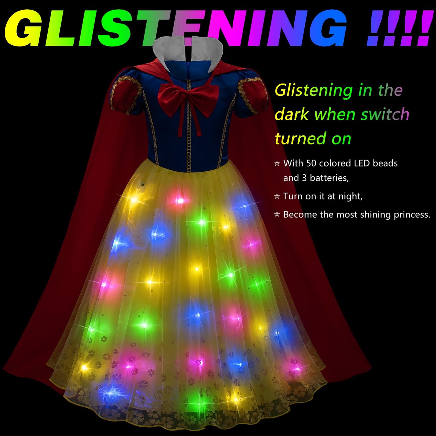Kaisebile Light Up Princess Snow White Costume For Toddler Girls Dress Up - Led Light-Up Princess Snow White Dress With Accessor
