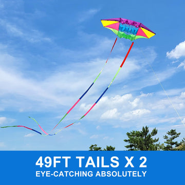 Beach Kites For Adults Large With Long Tail, 98 Inches Super Easy Flyer 3D Rainbow Box Kites, Come With 49 Feet Multi Colors Tails X 2, 300 Ft Kite String & Handle (Rainbow)