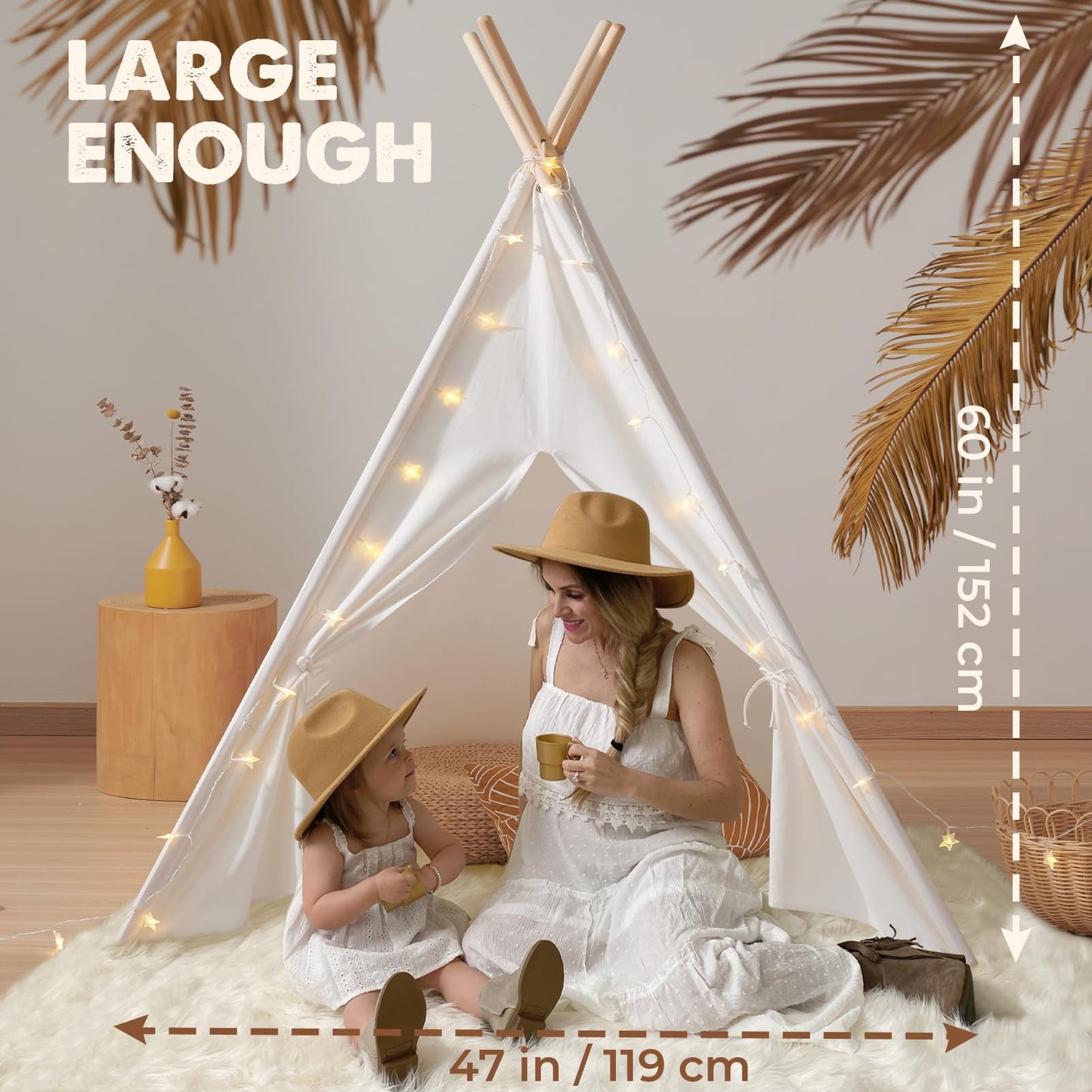 Tiny Land Kids Teepee Tent - 100% Cotton, White, Foldable with Padded Mat & Star Lights, Model ZRW-ETZP-SBN010, for Ages 3+