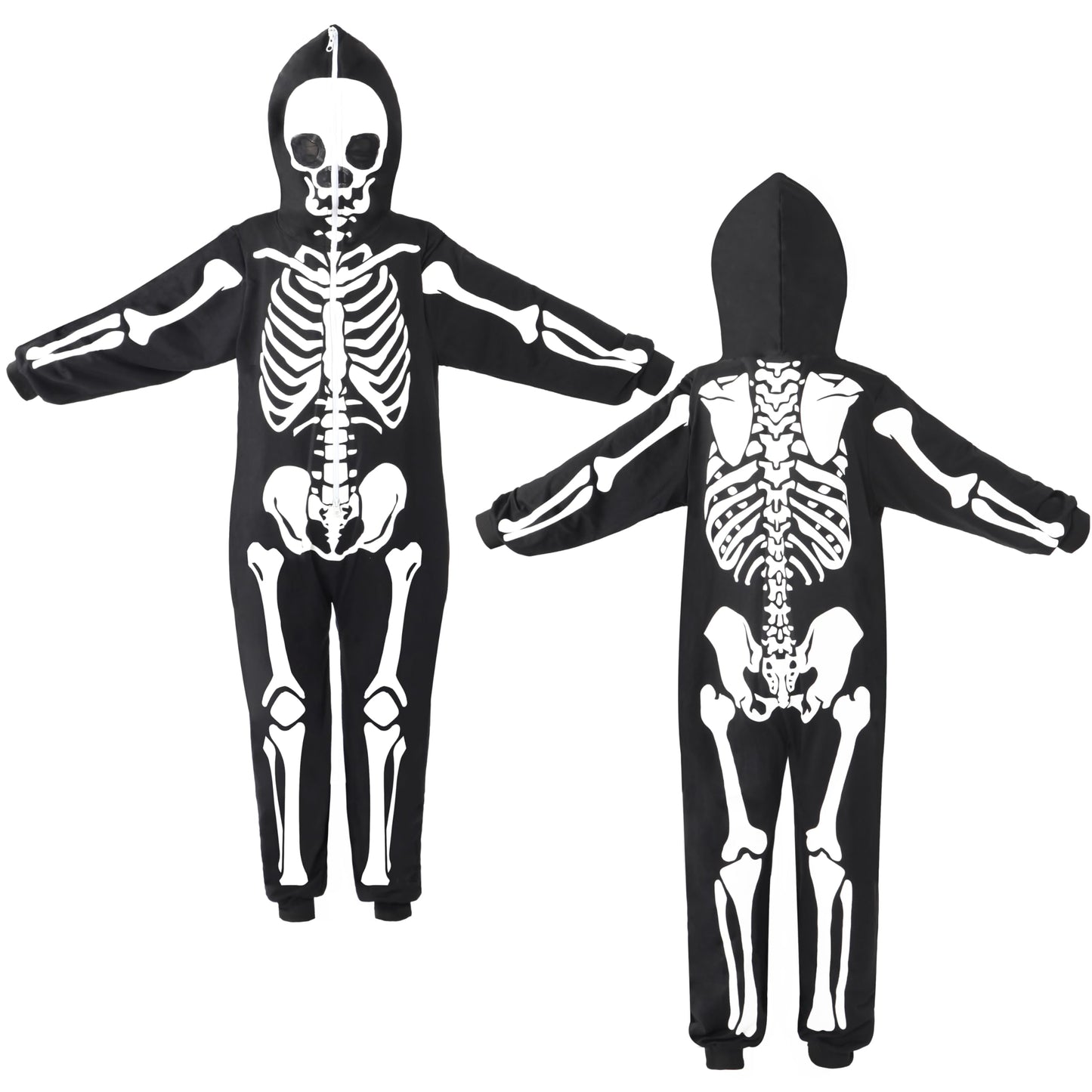 Spooktacular Creations Halloween Kids Skeleton Jumpsuit Pajama, Plush Zip-Up Glow Costume Cosplay In The Dark, Unisex Hooded Ske