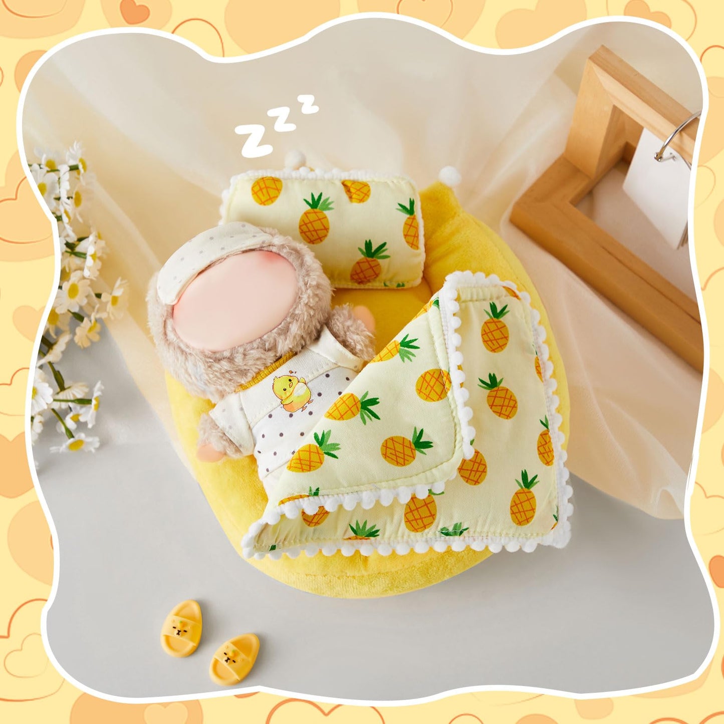 Skylety 4pcs Yellow Bedding Set for 17cm Doll Include Mattress Pillow Blanket and Slippers Accessories Bed House Furniture Heart