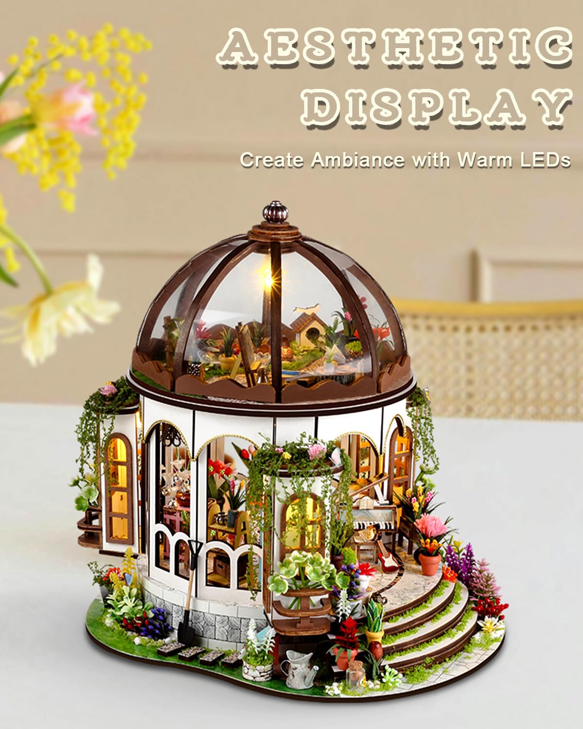 Ourmiao Miniature House Kit Hanging Garden, Diy Miniature Dollhouse Kit For Adults With Furniture & Led Lights, Wooden Craft Gif