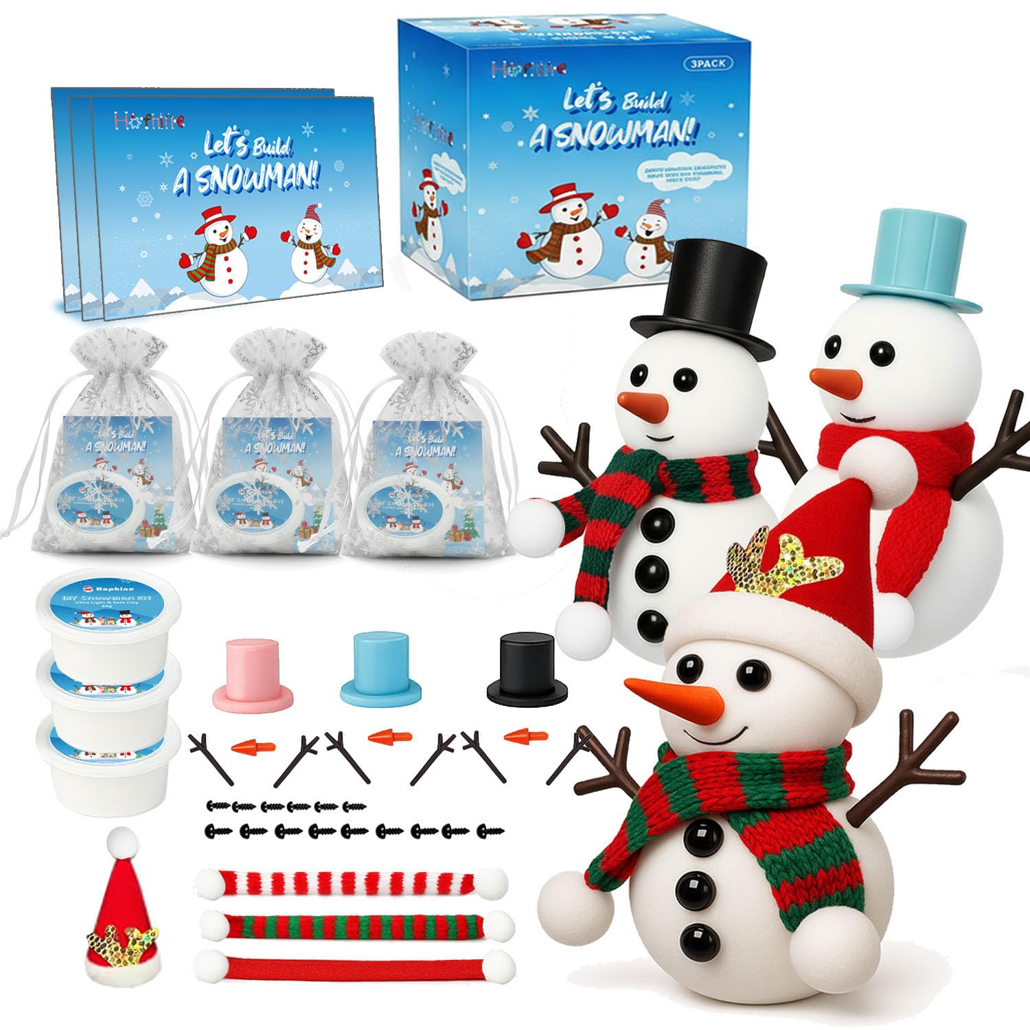 Hophine 3Pack Build a Snowman Kit, Molding Clay Snowman Kit, Christmas DIY Crafts for Kids, Perfect for Winter Holiday Parties, 