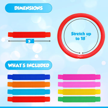 Playkidiz Pop Tubes, 8 Pack Mini 5' Sensory Fidget Tubes, Stretch Up To 18' Long, Stress Reliever Pipe Toy, Popular Plastic Fidget Tubes For Boys And Girls, Ages 3+