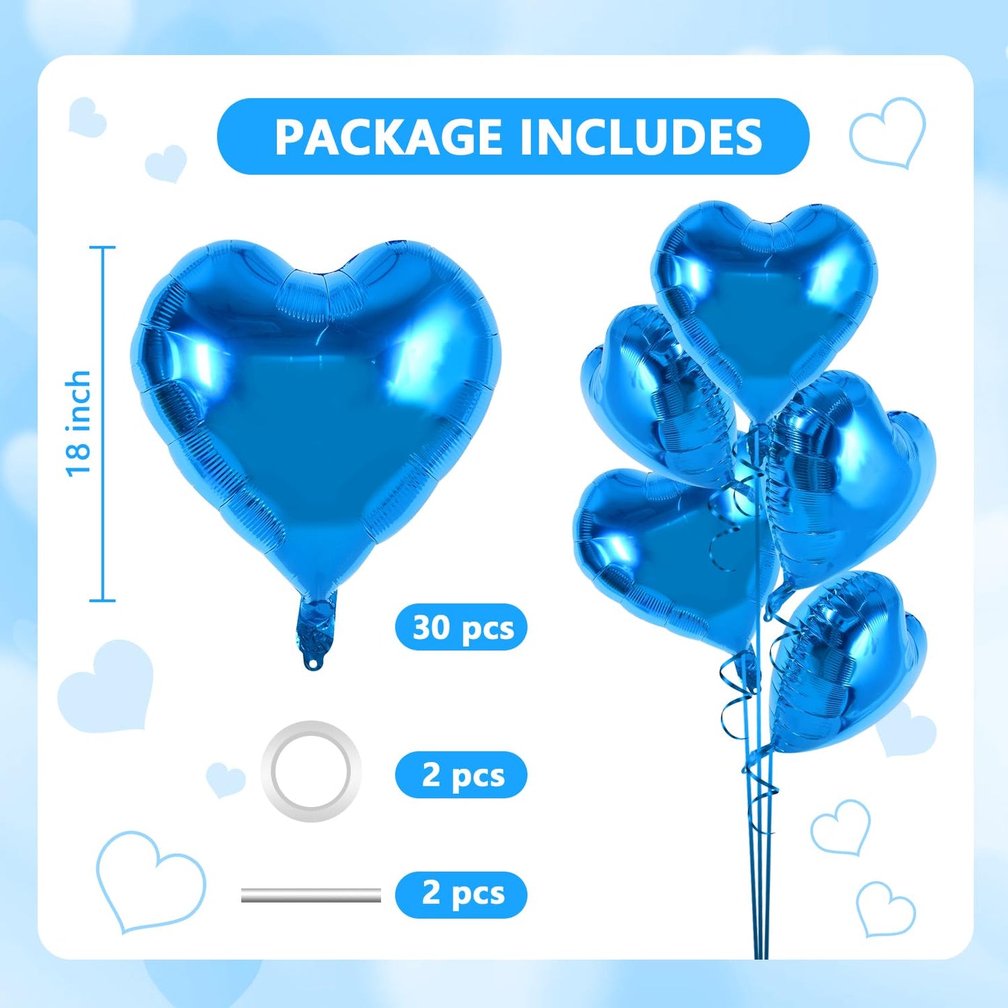TONIFUL 30Pcs 18 Inch Blue Heart Balloons Blue Heart Shape Foil Mylar Balloons Decoration for Birthday Valentines Day Wedding B