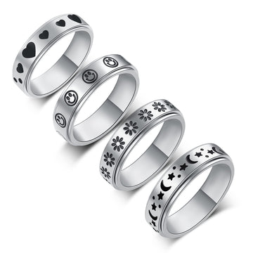 Luckyamor Spinner Ring, Fidget Anxiety Ring Stainless Steel Moon Star Ring For Women Men Size 6-10, 8 Uk, Non-Precious Metal, No