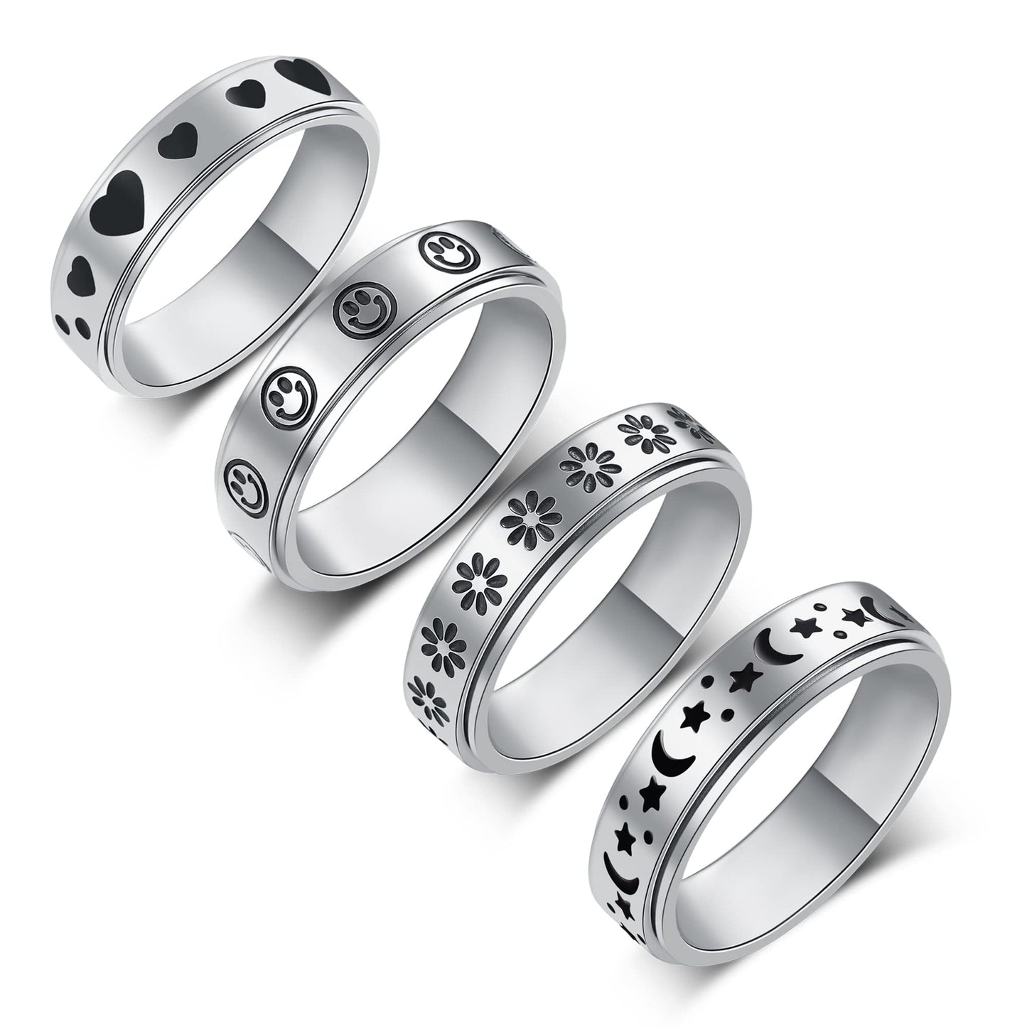 Luckyamor Spinner Ring, Fidget Anxiety Ring Stainless Steel Moon Star Ring For Women Men Size 6-10, 4 Uk, Non-Precious Metal, No