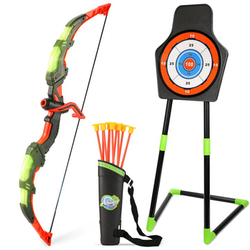 Handwell Archery Toy Set For Kids, Bow And Arrow Set With 10 Suction Cup Arrows, Led Light Up Archery Set With Standing Target &