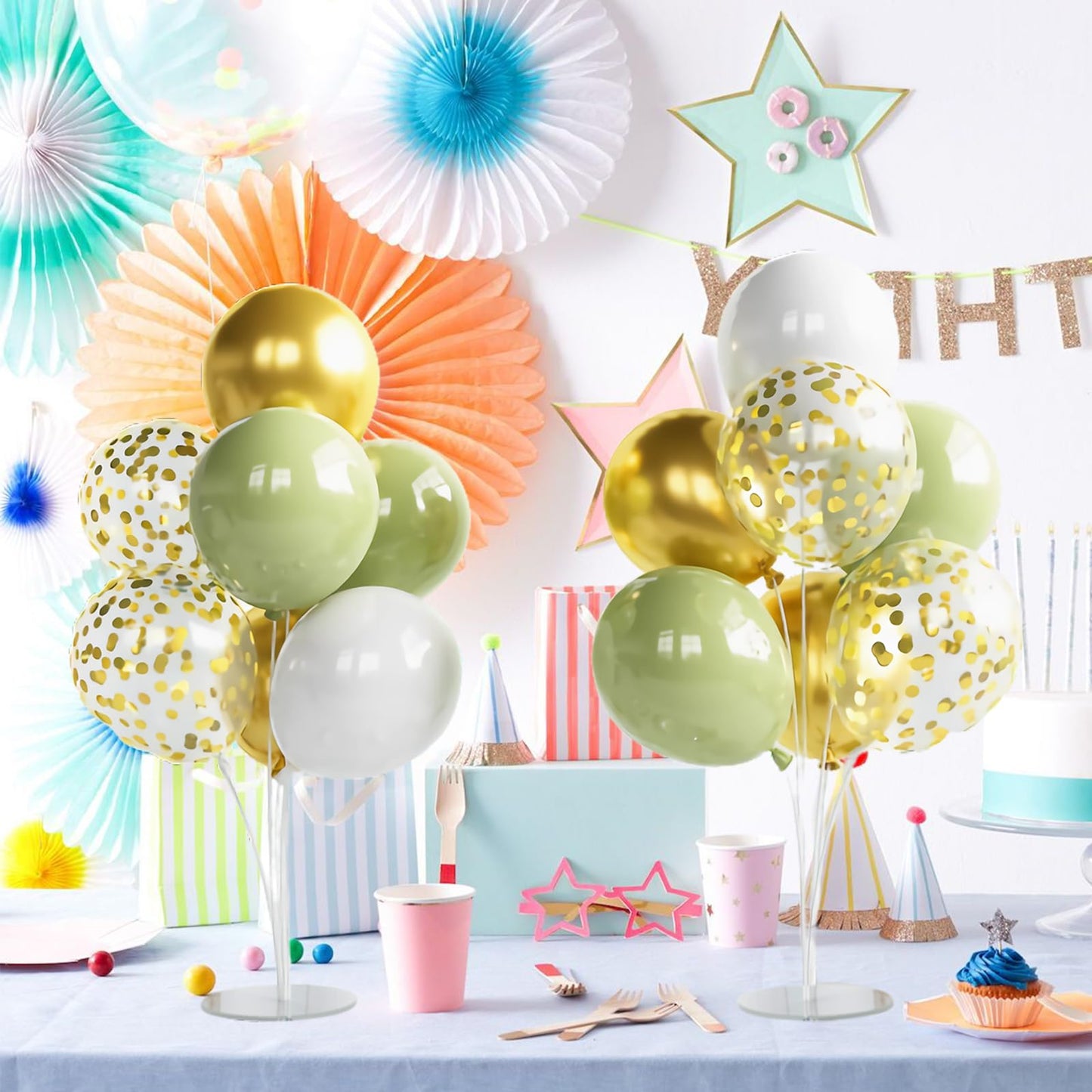 Balloon Centerpieces for Table, 28 Pcs Sage Green White Gold Confetti latex balloons with 4 Set 28 Balloon Stands for Table for