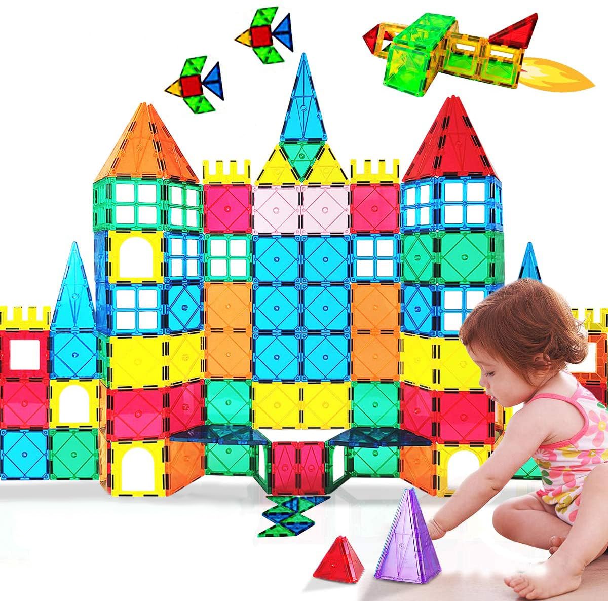 WOOANT Magnetic Tiles Building Blocks 100PCS Magnets Building Set Magnetic Blocks Montessori Toy Construction STEM Stacking Toys 3D Toy Gift for Kids 3+ Years Old Boys and Girls preschool Kindergarden