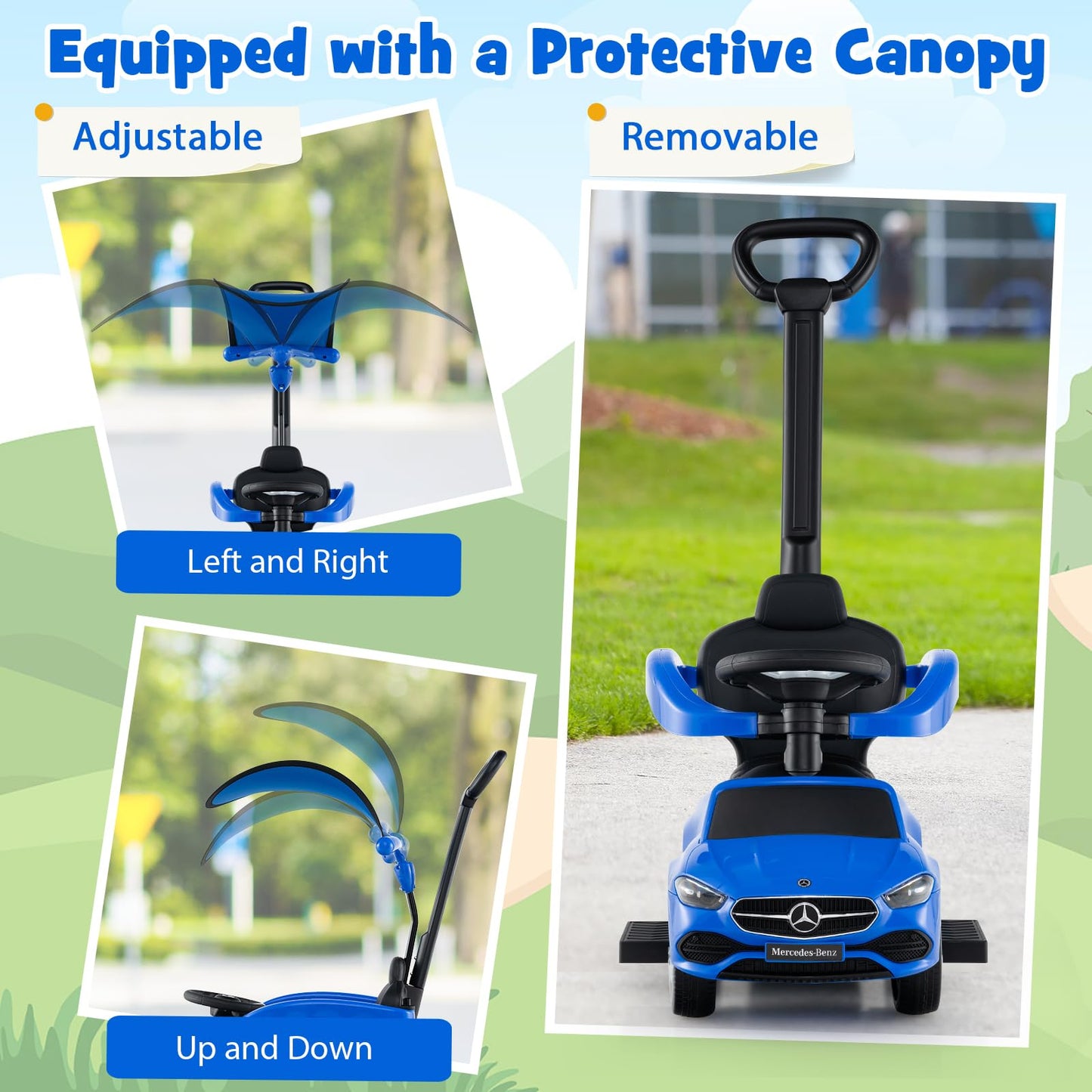 HONEY JOY Ride On Push Car  Licensed Mercedes-Benz Push Cars for Toddlers  Adjustable Canopy & Seat Storage  Horn  Toddler Push Car with Handle  Ride On Toy for Boys Girls(Blue)