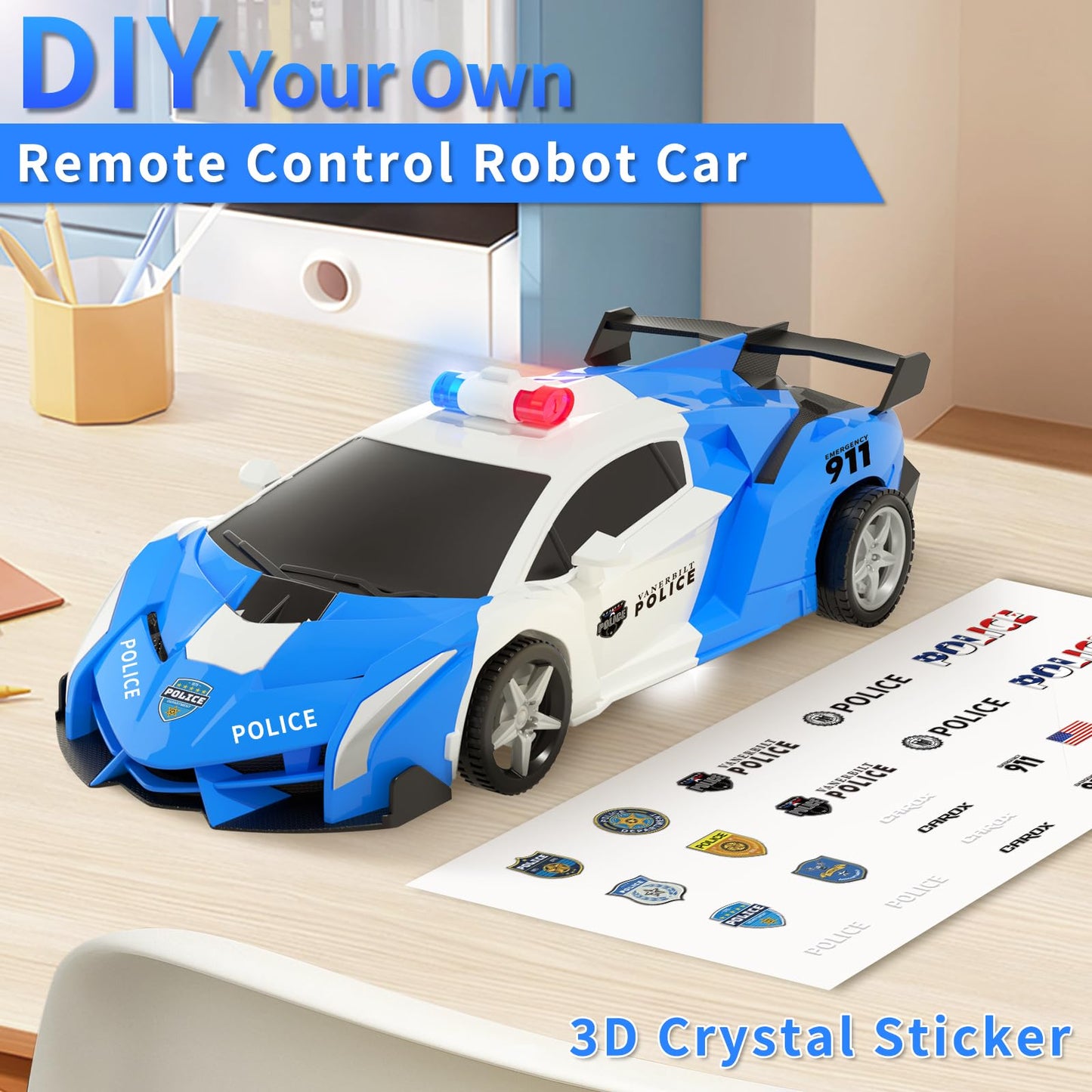 Carox Transform Remote Control Car - Transform Robot RC Car with Laser Eyes, 2.4Ghz Transforming Police Car Toy with 3D Crystal