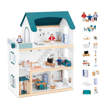 OOOK Wooden Dollhouse with Liftable Elevator - 2.6 Feet High Modern Doll House for Kids Toddlers - Including 21 Furniture Pieces  4 Family Dolls  and 1 pet