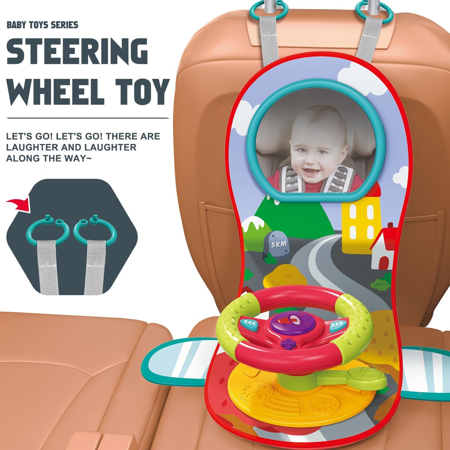 Happytime Travel Baby Toys, Interactive Dashboard Steering Wheel Pretend Play Driving Toy, Rear Car Seat Toys With Mirror 2-In-1