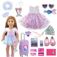 Augfrog 23 Pcs Purple Mermaid Themed Playset For 18 Inch Girl Dolls, American Doll Travel Accessories, Includes Doll Luggage Clo