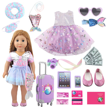 Augfrog 23 Pcs Purple Mermaid Themed Playset For 18 Inch Girl Dolls, American Doll Travel Accessories, Includes Doll Luggage Clo