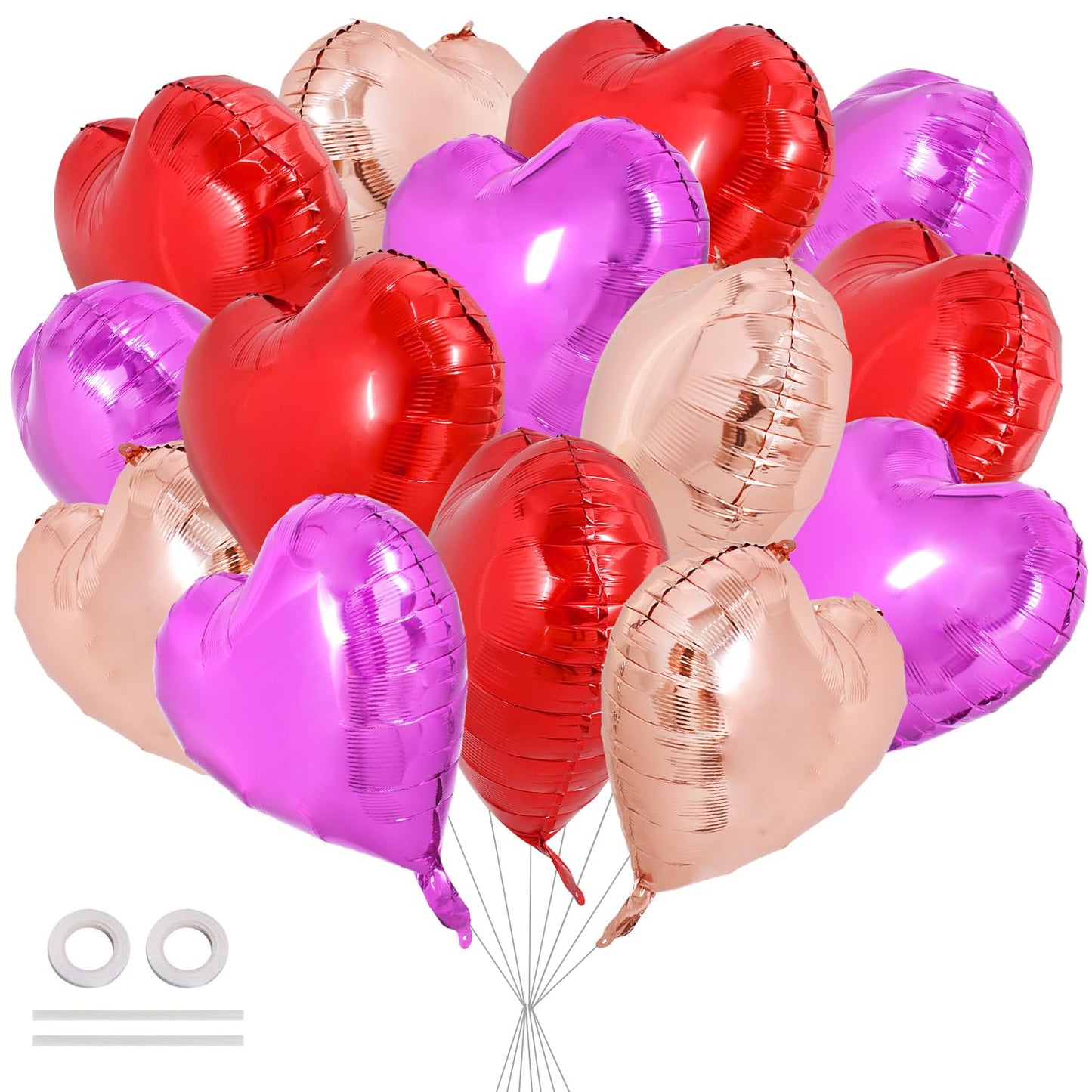 TONIFUL 30Pcs 18 Inch Heart Balloons Red Hot Pink Rose Gold Valentines Day Heart Shape Foil Mylar Balloons Decoration for Valent