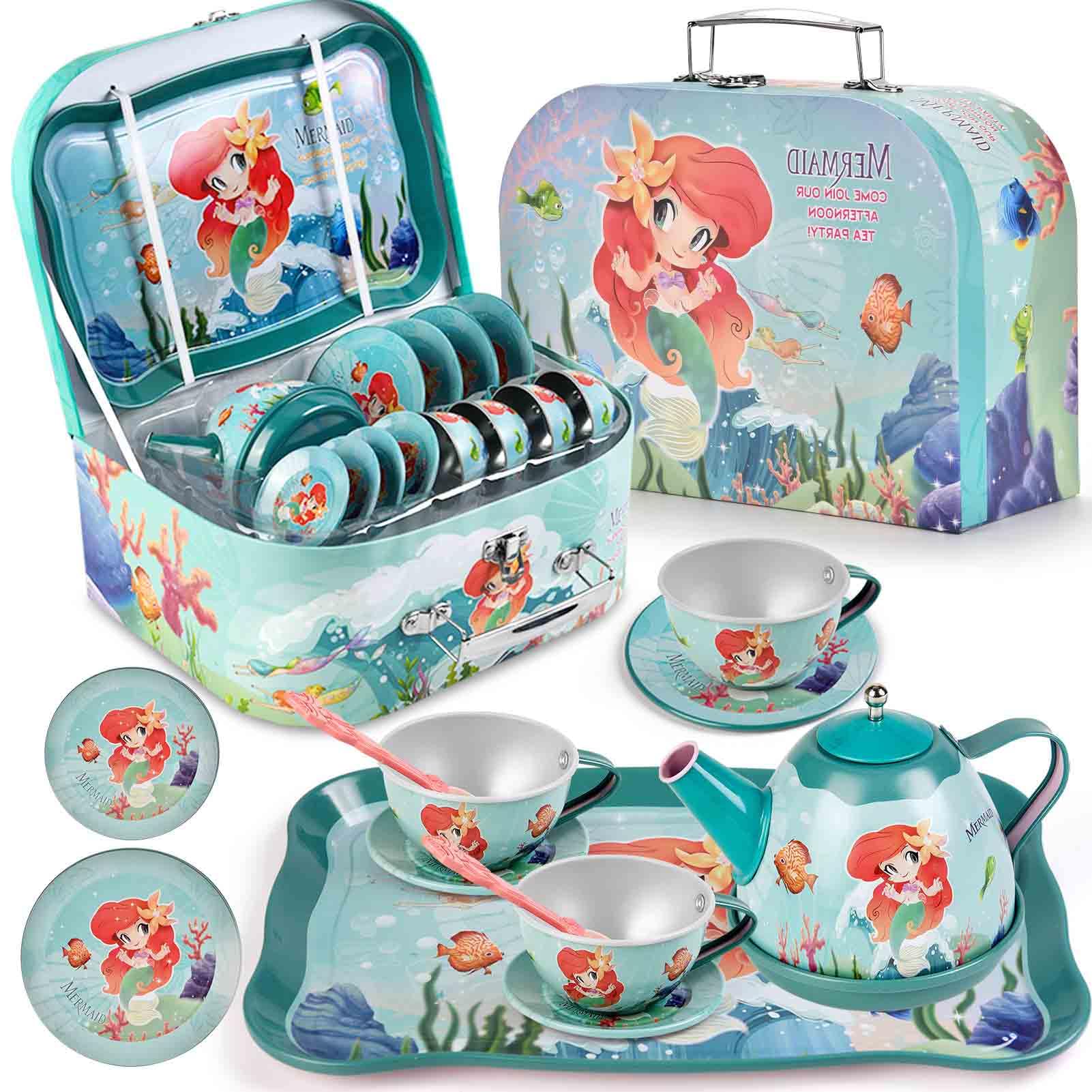 Lajeje Mermaid Tea Party Set for Little Girls, Kids Party Set Toys for 3 4 5 6 Year Old Girls, Pretend Toy Tin Tea Set & Carryin