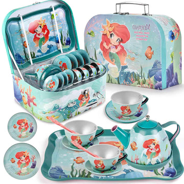 Lajeje Mermaid Tea Party Set for Little Girls, Kids Party Set Toys for 3 4 5 6 Year Old Girls, Pretend Toy Tin Tea Set & Carryin