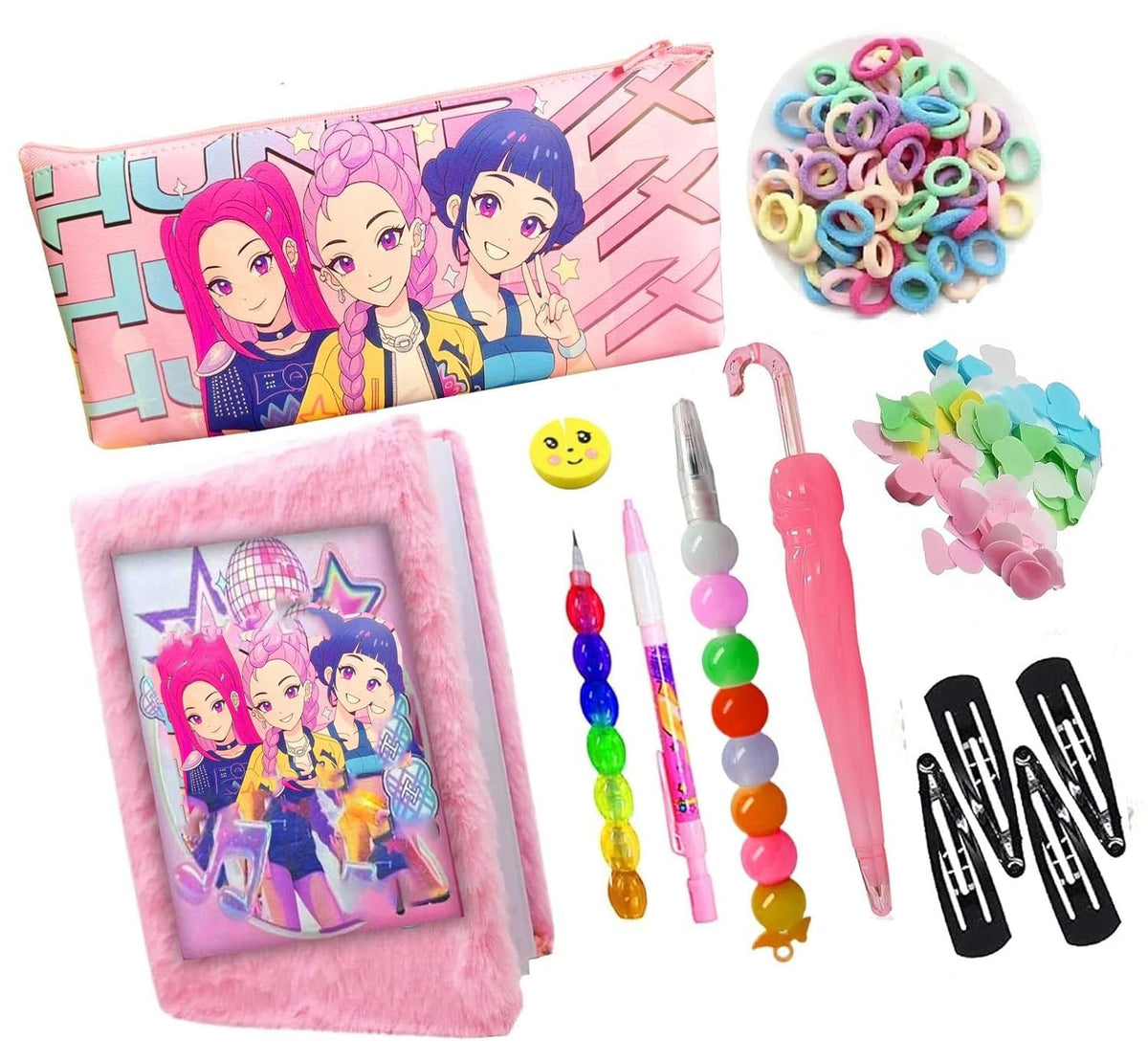 Krisus Kpopp Deemonn Hunterr Cute Girls Stationery Gift Combo Set  Cartoon Pencil Pouch, Rainbow Pens, Hair Bands & Clips | Kid