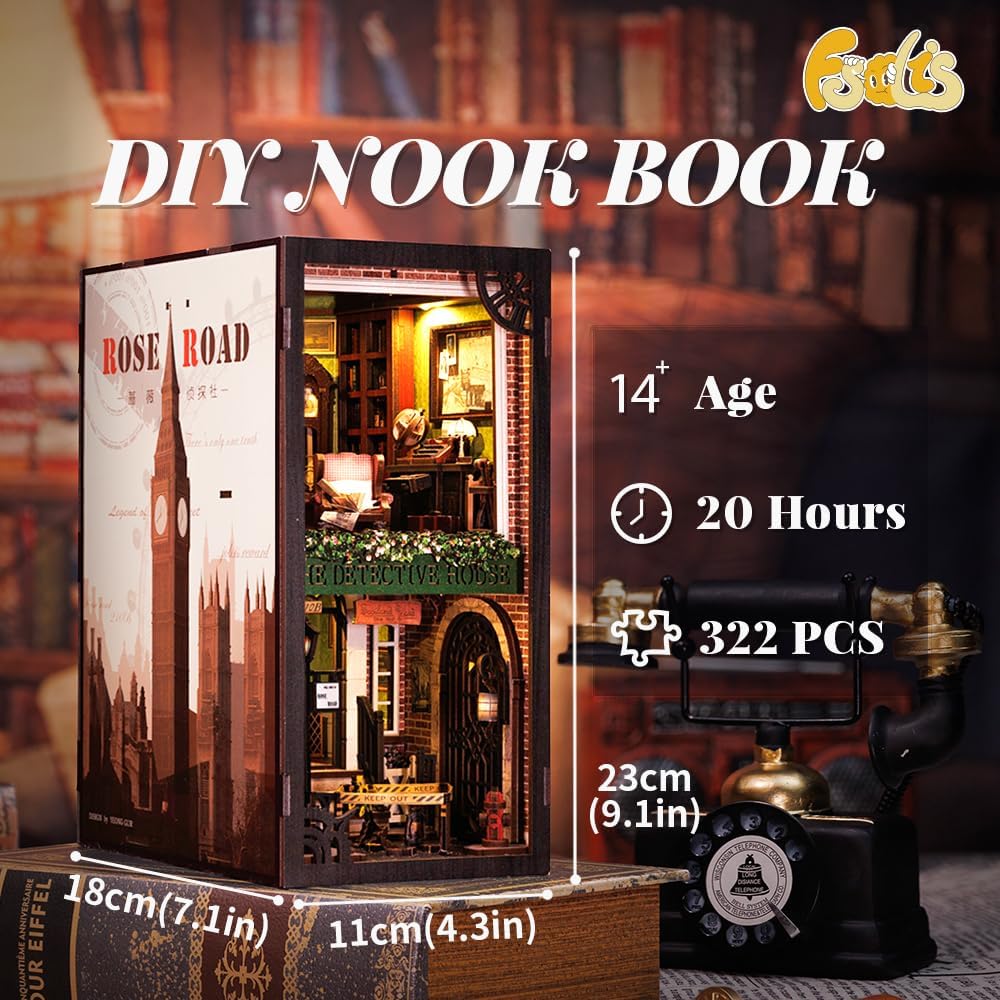 Fsolis Book Nook Kit, Diy Miniature Room House Kit For Adult Activities Decorative Bookend Bookshelf Bookcase Decor Birthday Holiday Gifts For Women Teens (Rose Detective Agency)