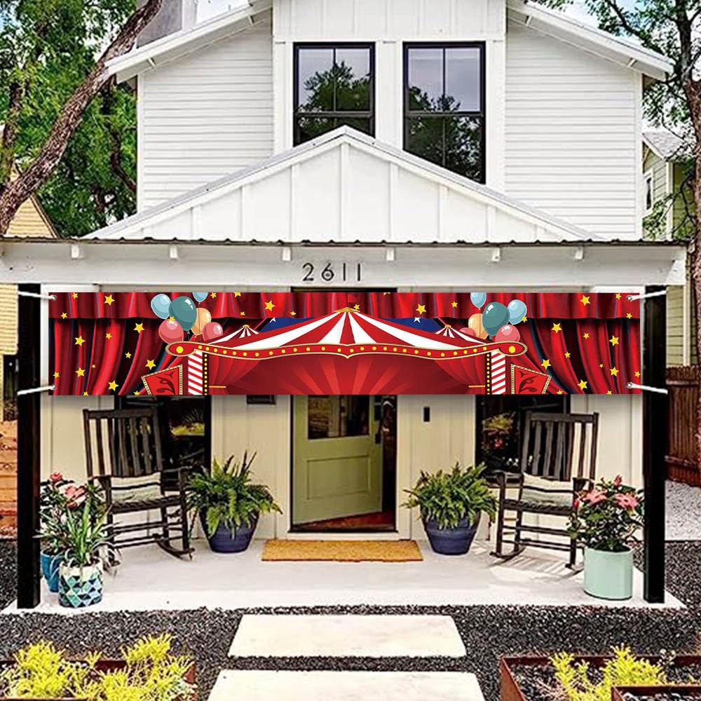 Dotooma 118 X 20 Inches Red Circus Carnival Yard Banner Sign Red Tent Star Balloon Banner Children Circus Theme Birthday Party C