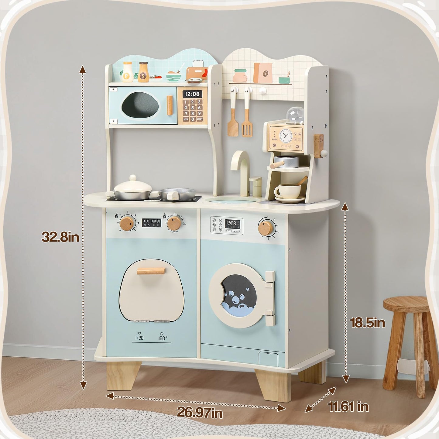 Ktaxon Wooden Play Kitchen For Kids, Pretend Kitchen Playset With Coffee Maker, Toy Washing Machine & Cooking Set Accessories Fo