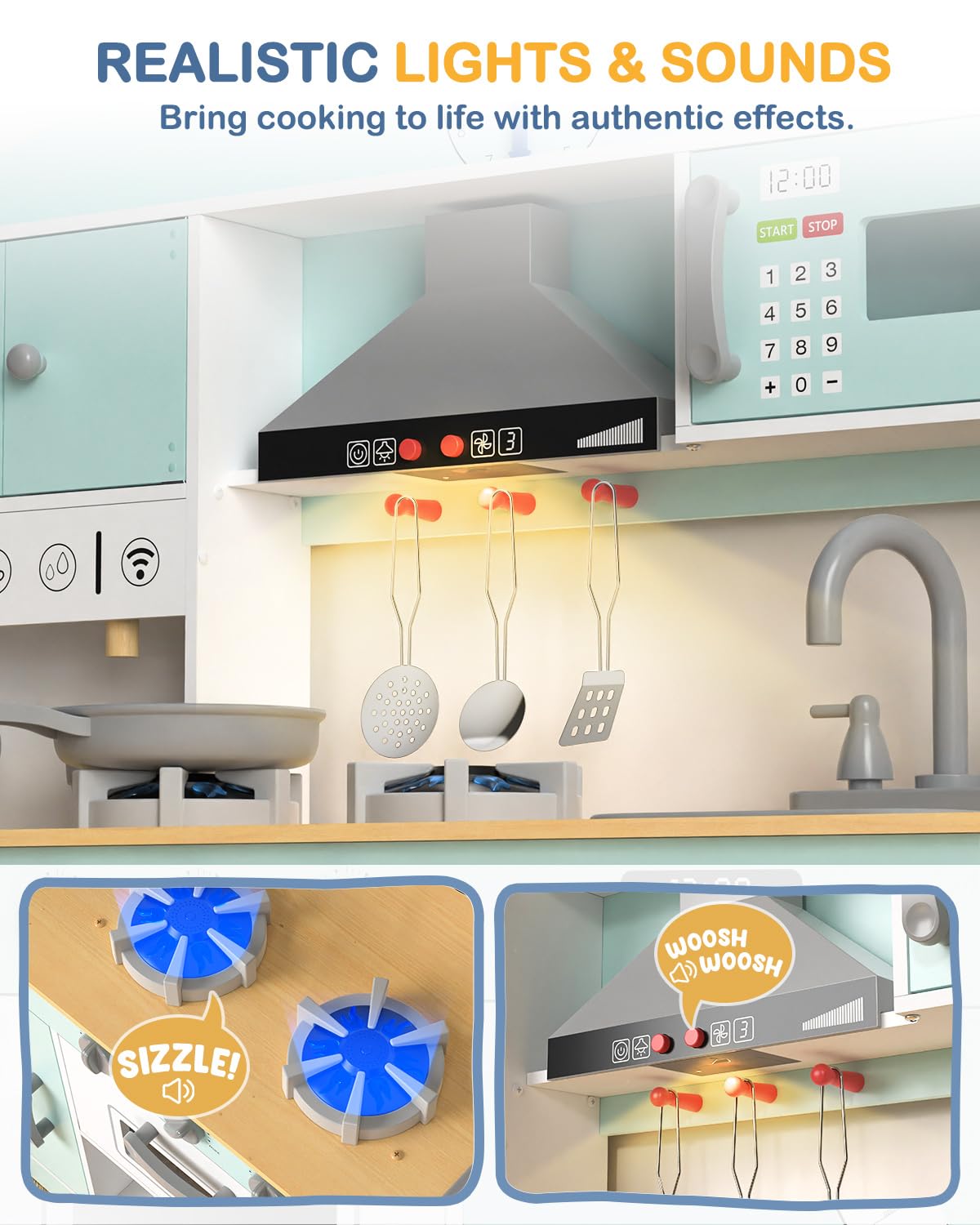 Babytronic Wooden Play Kitchen Set, Pretend Play Kitchen with Lights and Sounds for Kids Ages 3+, Includes Stove, Oven, Microwav