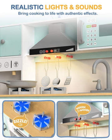 Babytronic Wooden Play Kitchen Set, Pretend Play Kitchen with Lights and Sounds for Kids Ages 3+, Includes Stove, Oven, Microwav