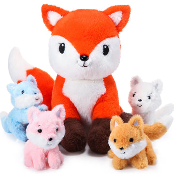 Hydren 5 Pcs Fox Plush Toy Set 14 Inch Mommy Fox Stuffed Animal With 4 Cute Plush Baby Foxes In Tummy Soft Cuddly Fox Plushies F