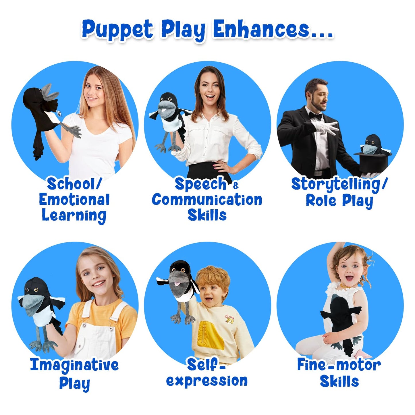 Steve And Maggie Plush Toy, Soft Magpie Plush Toy, Bird Hand Puppet, Bird Puppet, Educational Bird Toys, Sensory Toys, Animal Pu