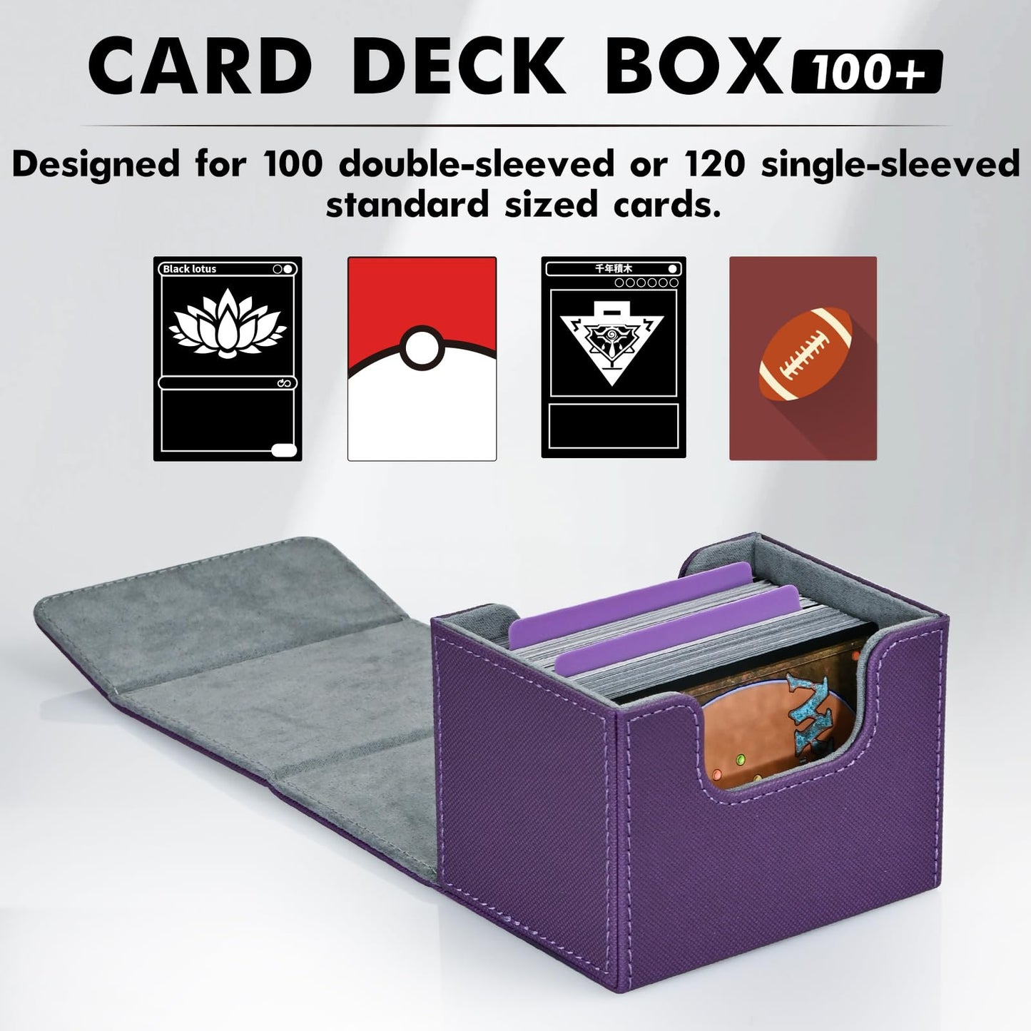 ZLCA Card Deck Box for Trading Cards  MTG Commander Deck Box Holds 120+ Single Sleeved  Leather Magnetic Card Storage Case Fits for TCG CCG Magic (Purple)