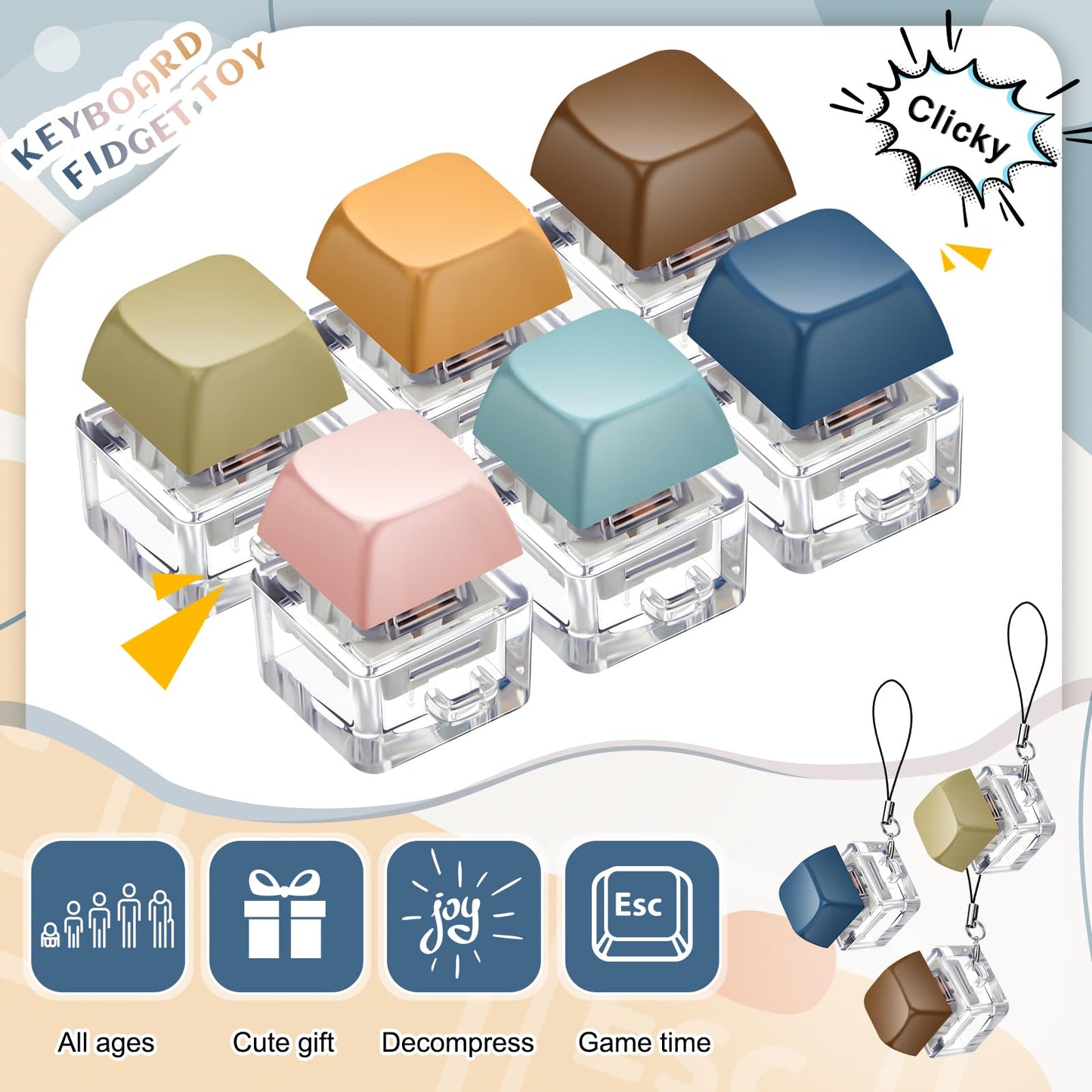 Taiyin 6 Pcs Keyboard Fidget Toy Fidget Clicker Keyboard Keychain Decompression Toys Button Stress Relief Gifts for mature-themed to Relief Stress Pass The Time (Morandi Colors)