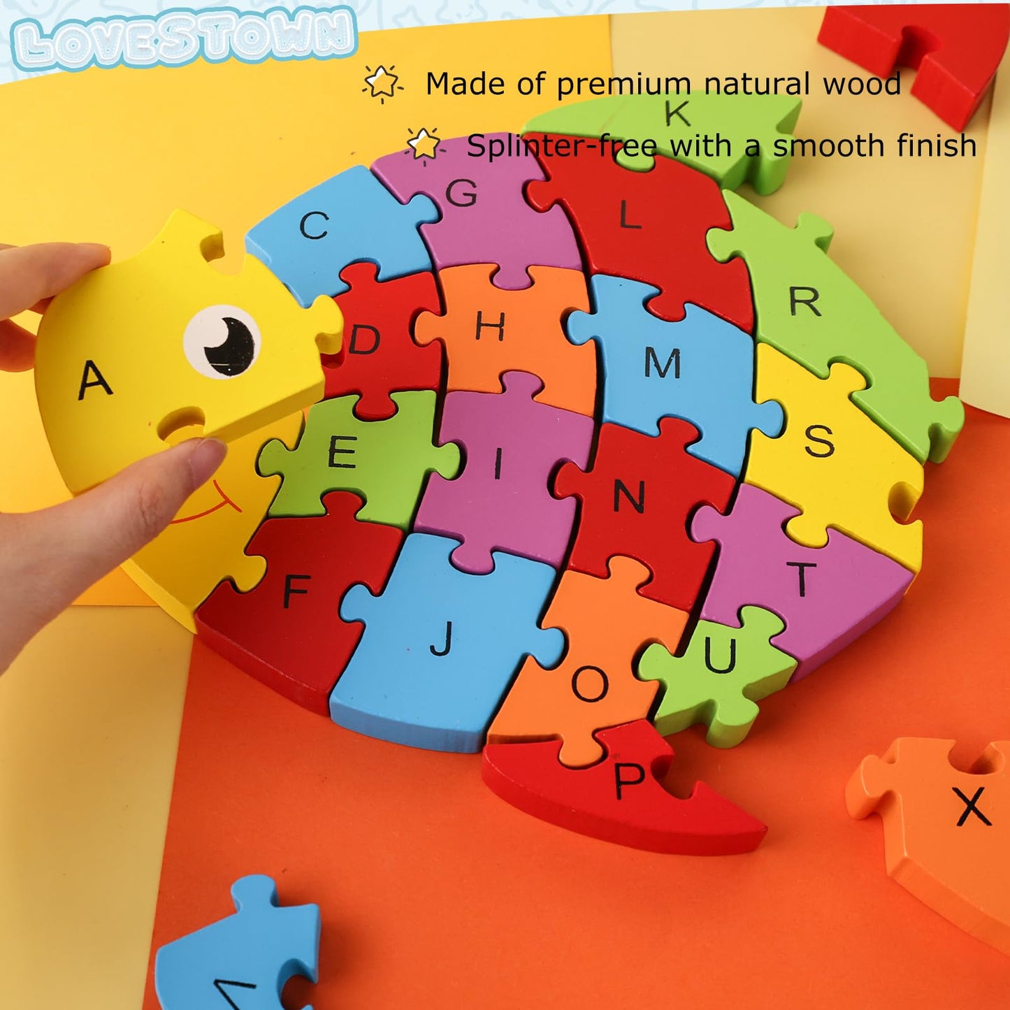 Lovestown Goldfish Wooden Puzzle, 26Pcs Jigsaw Puzzle Alphabet And Number Building Blocks For Kids Toddler Preschool