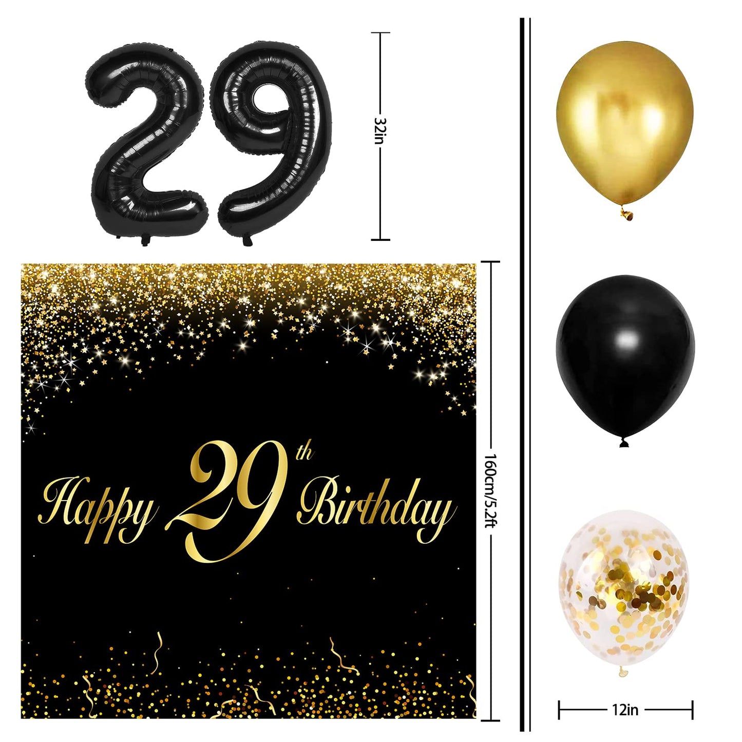 LINGPAR Happy 29th Birthday Balloons - Black Rubber Garland Banner Decor for Men & Women, 29" Size, Party Theme Supplies