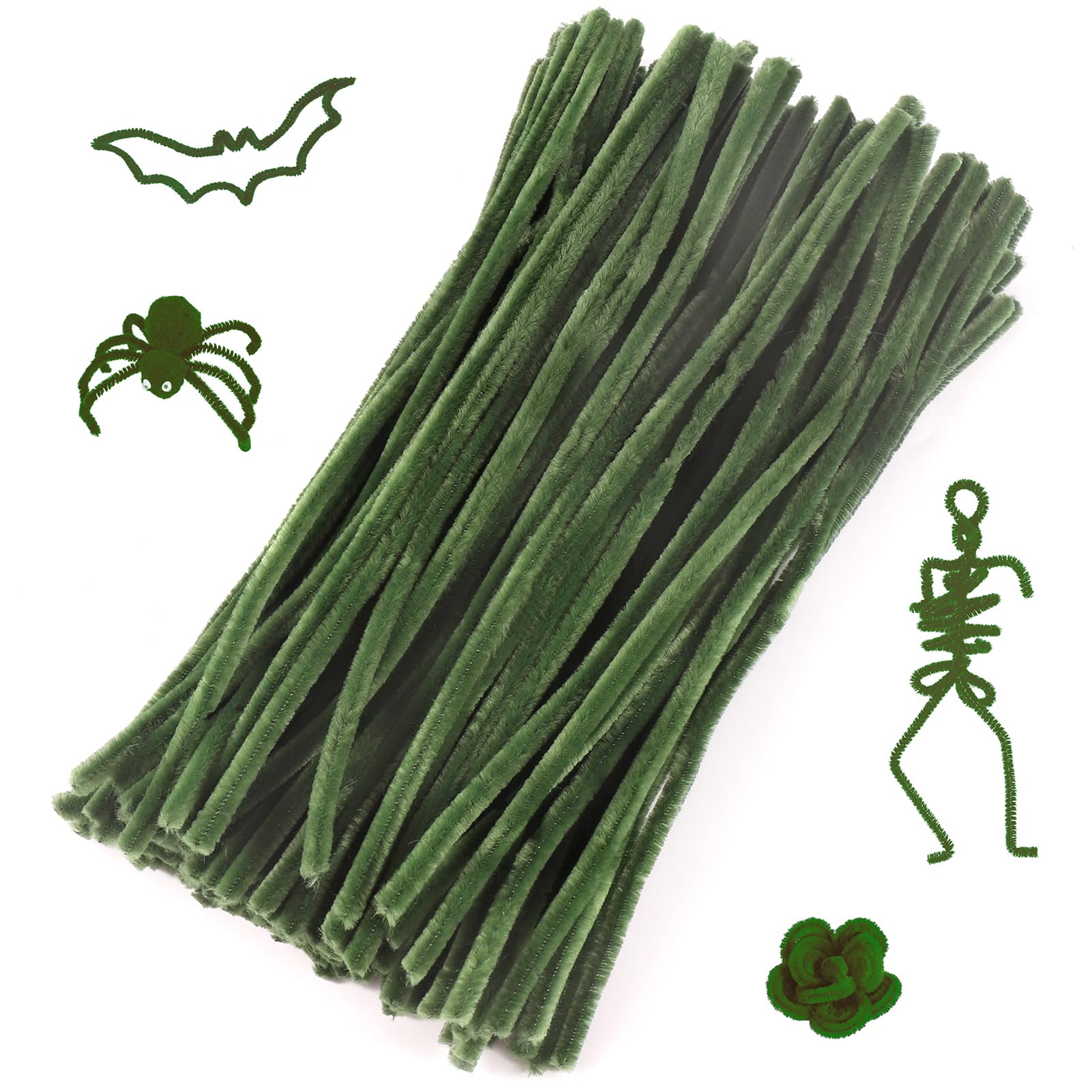 Caydo 100 Pieces Dark Green Pipe Cleaners Craft Supplies Flexible Chenille Stems for DIY Crafts Project and Decoration, 6 mm x 1