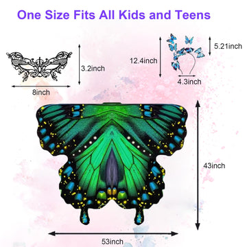 Rektak Butterfly Wings For Girls, Butterfly Costume For Halloween Party Kids Fairy Wing With Mask And Headband(Green)