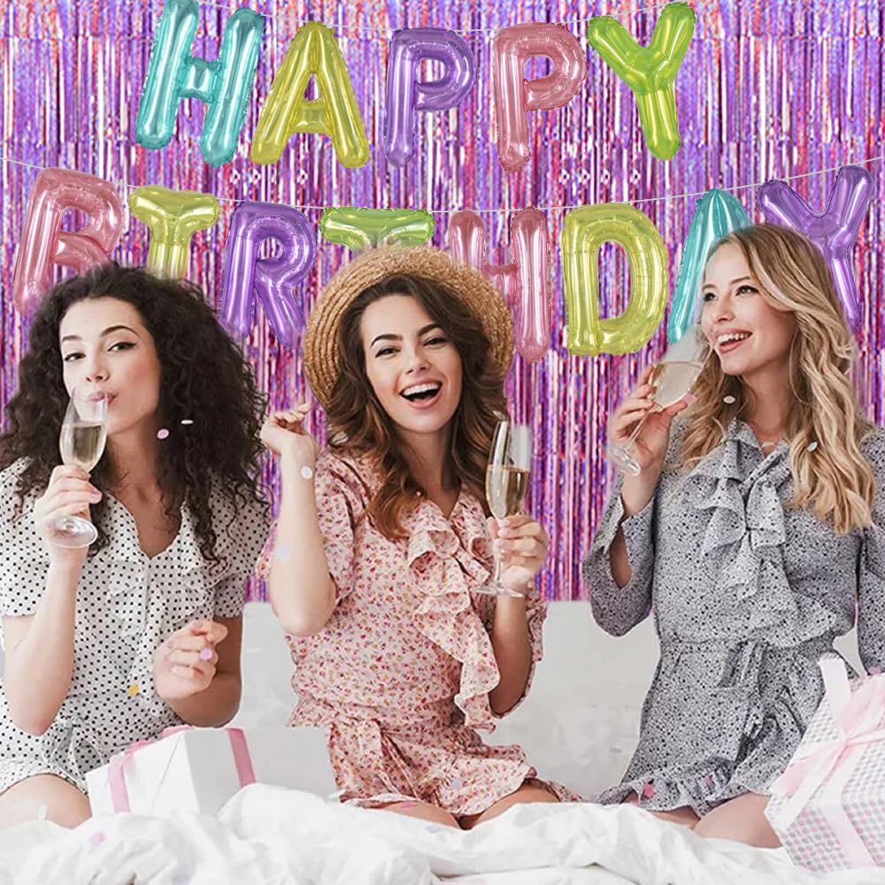 TONIFUL Happy Birthday Balloons with Ribbon Straw, 16 Inch Mylar Letters Birthday Sign Banner Bunting Reusable for Girls Boys Ki
