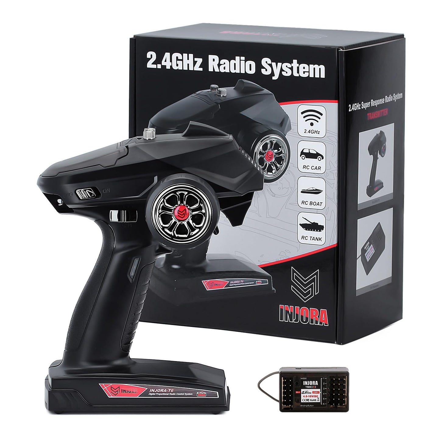 INJORA RC Transmitter 2.4GHz 6CH Controler and Receiver for 1/8 1/10 RC Car Boat Tanks Crawler TRX4 SCX10 Upgrade Parts