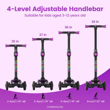 TONBUX Kids Scooter - Adjustable 4 Heights, Light Up Wheels, Shock Absorption, Purple, 5.9*25.6", Model D3
