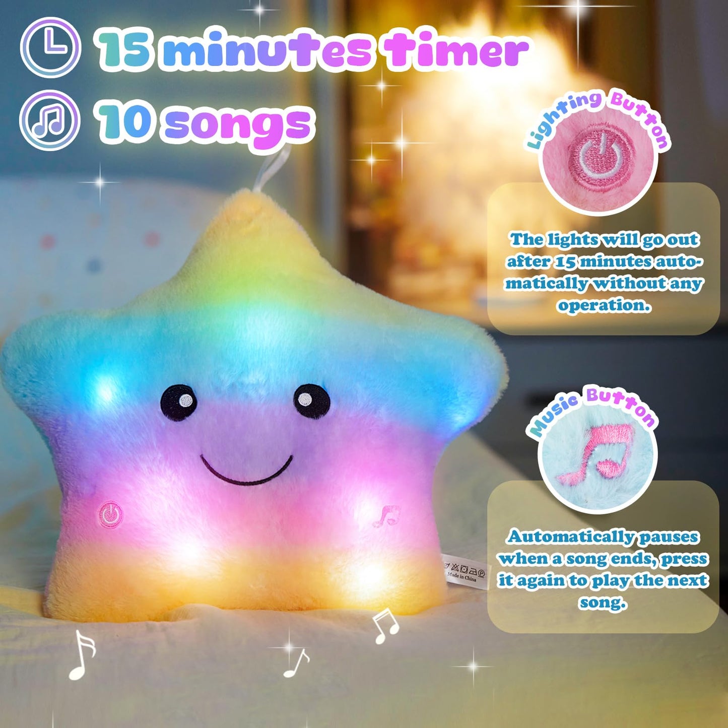 Bstaofy 13‘’ Rainbow Creative Led Musical Glow Twinkle Star Lullaby Light Up Stuffed Animal Toys Soothe Kids Emotions Birthday Christmas For Toddlers Kids