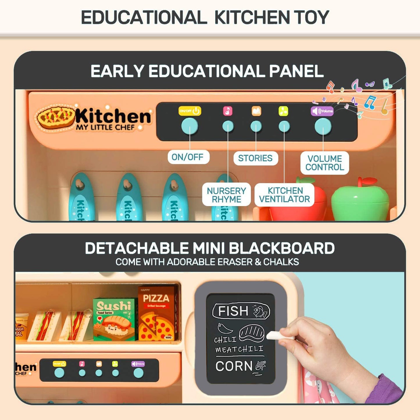 Play Kitchen- Kitchen Playset Pretend Food - Toy Accessories Set w/Real Sounds & Light, Play Sink, Cooking Stove with Steam, 88