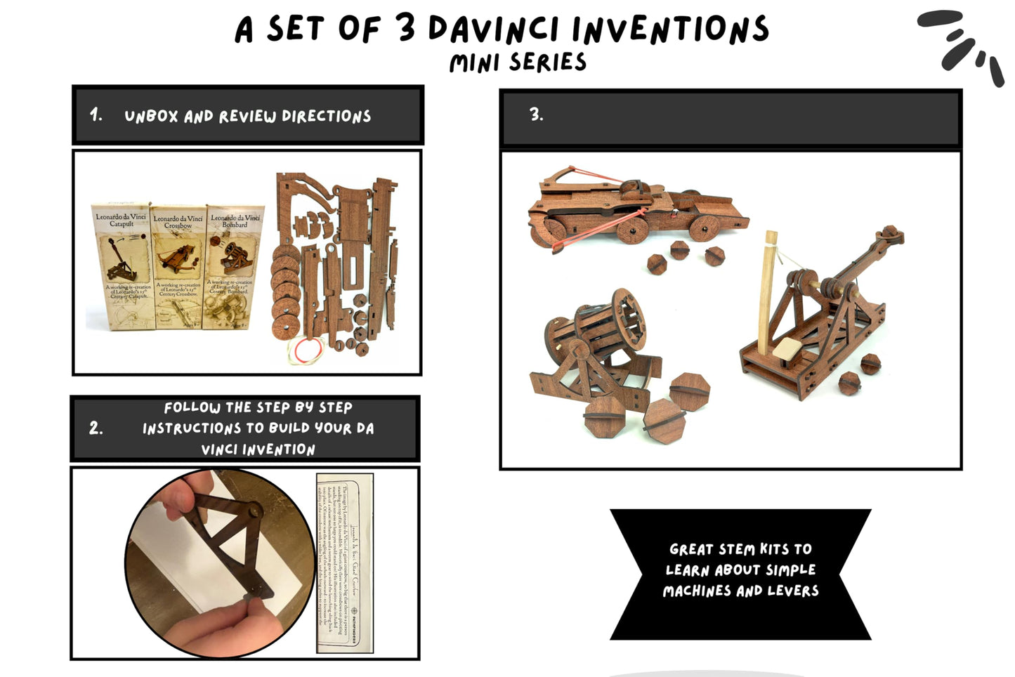 PATHFINDERS Leonardo Da Vinci  mini model kits catapult crossbow ard set of 3 Engineering kits Educational Toys for Kids Science kit for Kids Age 8-10 10-12 stem Projects Wood Building Kits