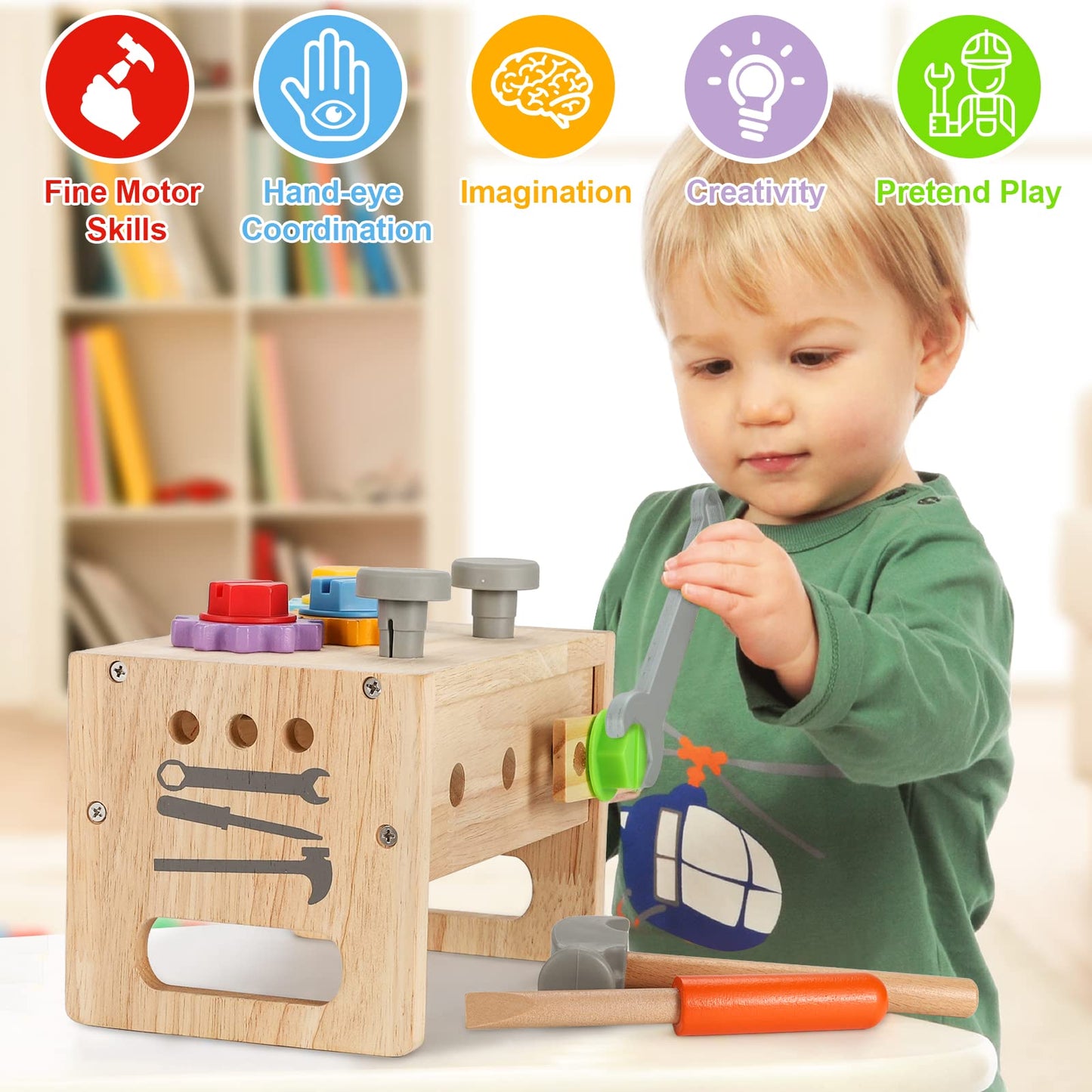 Vextronic Kids Tool Set, Wooden Toddler Tool Set with Tool Box/Bench, Montessori Toys for 1 2 3 4 5 6 Year Old, Play Toy Tools K
